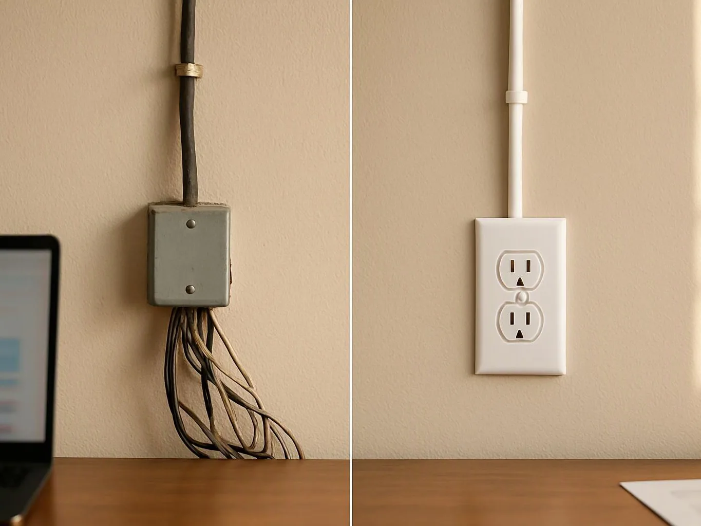 A split view shows a tangled exposed cable box on the left and a neat wall outlet on the right