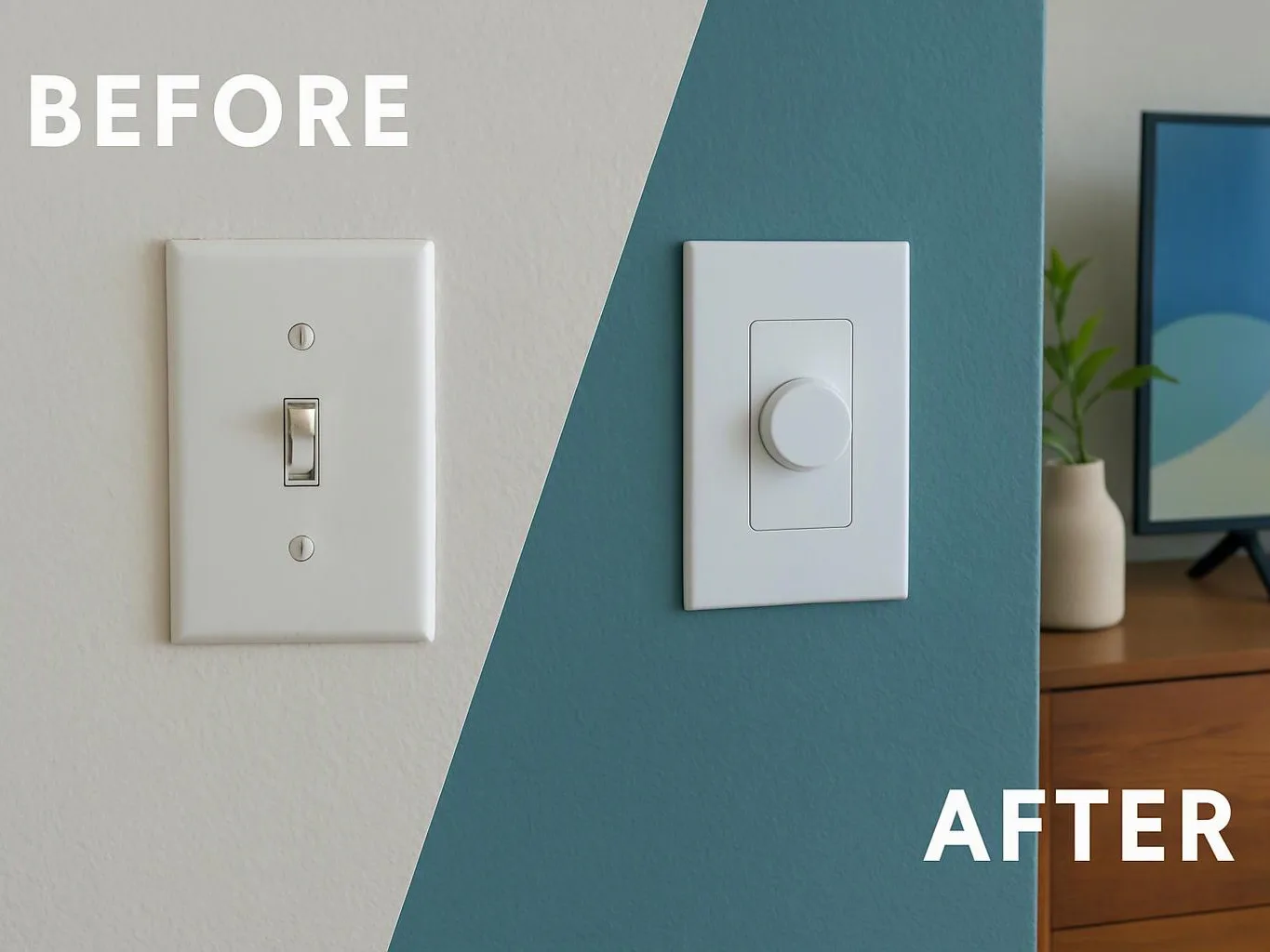 Split view shows a traditional light switch on white wall beside a dimmer switch on teal wall inside a room