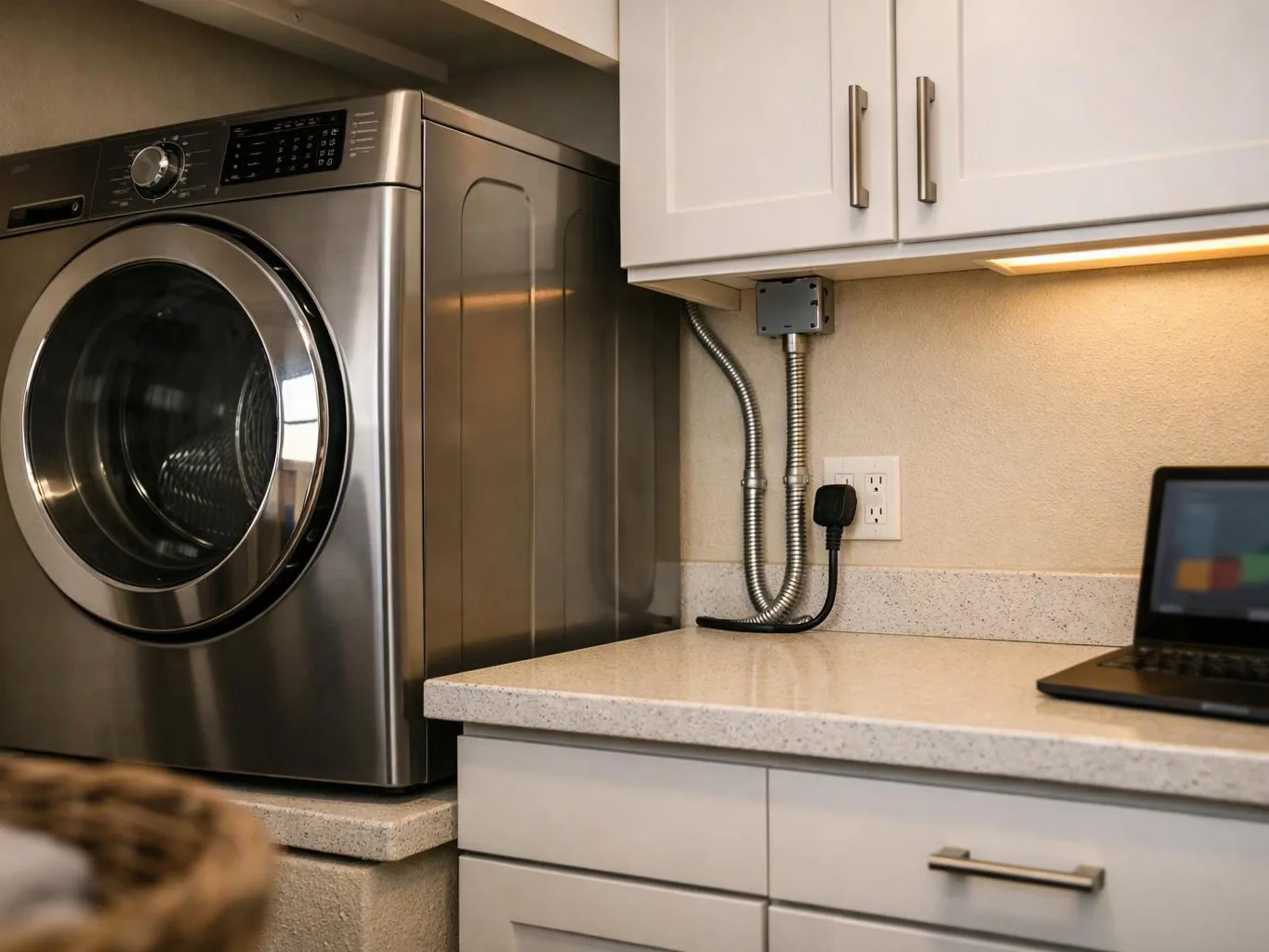A stainless steel front-load washer sits beside white cabinets, a countertop, and a laptop in a laundry room
