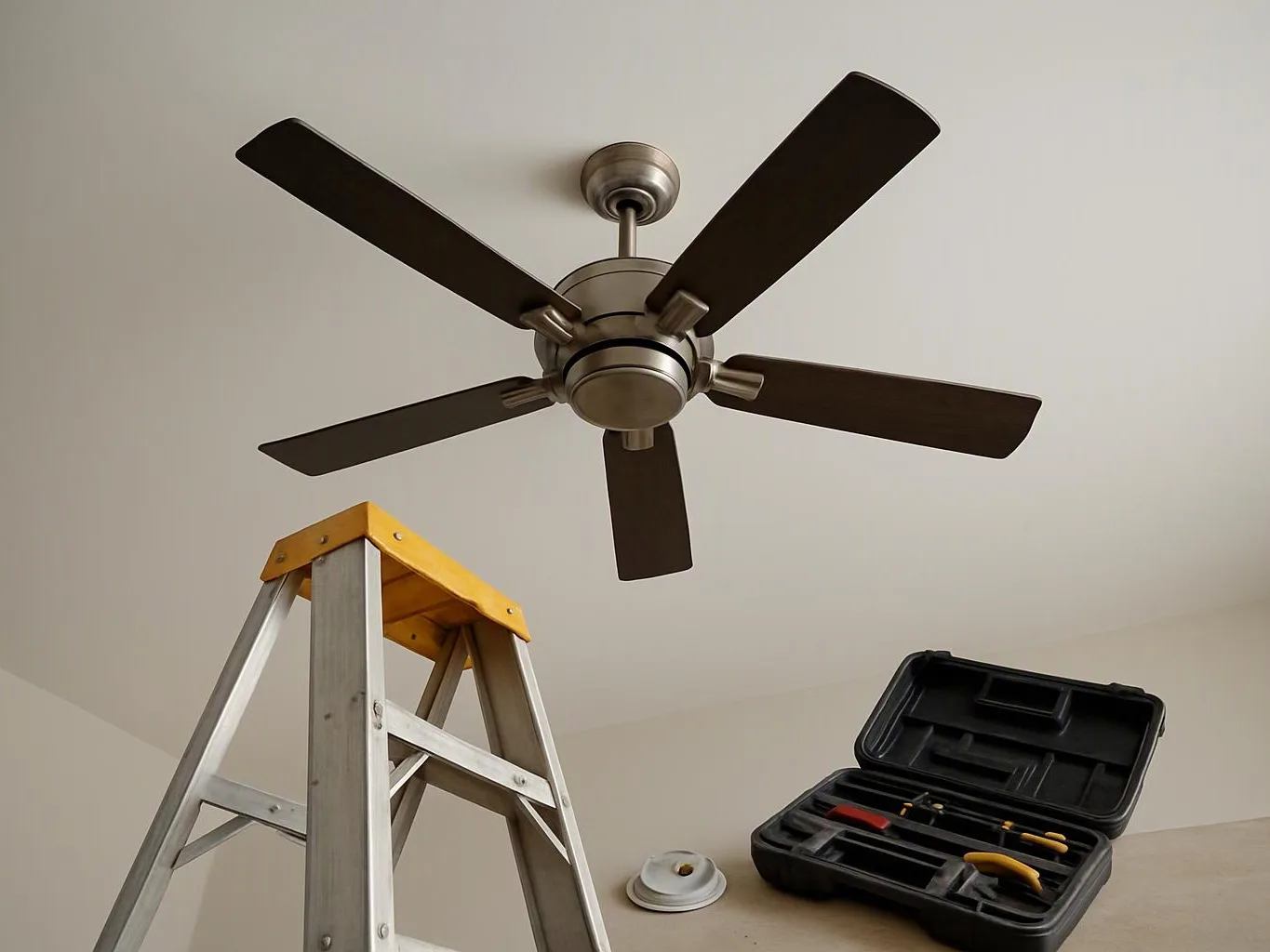 A step ladder and open tool case sit below a ceiling fan on a plain white ceiling