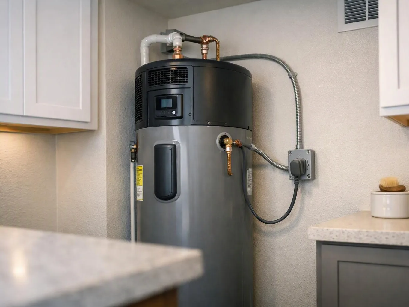 A tall water heater stands in a kitchen nook beside white cabinets and a countertop