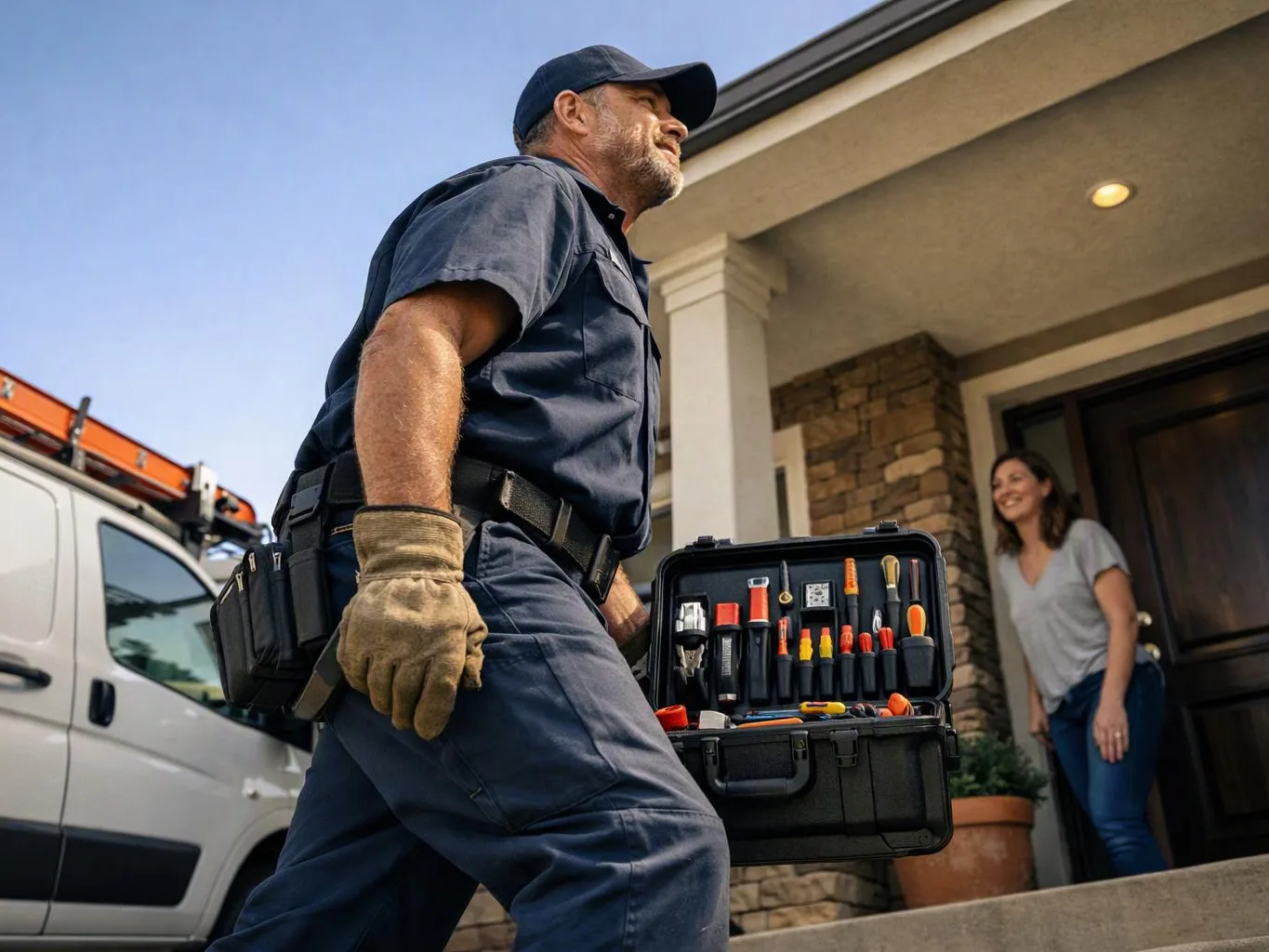 A technician carries a tool case toward a house doorway while a woman smiles nearby