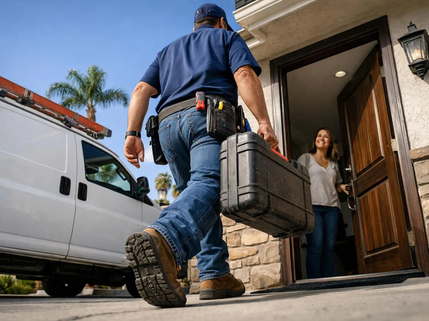 A technician carries a toolbox toward an open front door while a smiling woman stands inside, with a white van parked nearby