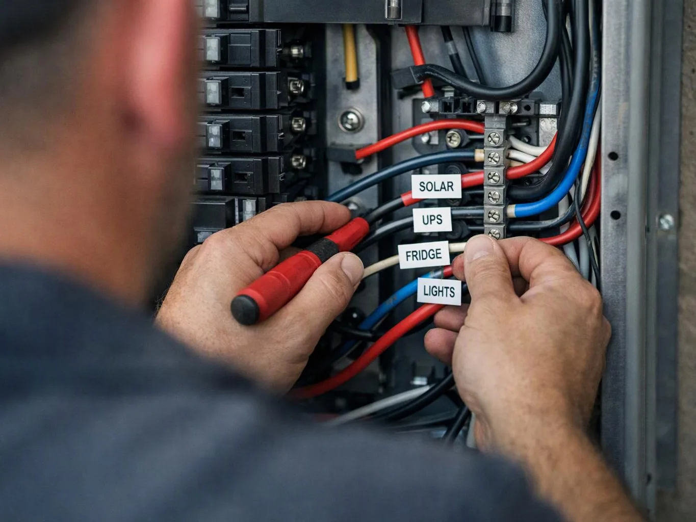 A technician labels wires inside an electrical panel with tags reading solar, UPS, fridge, and lights