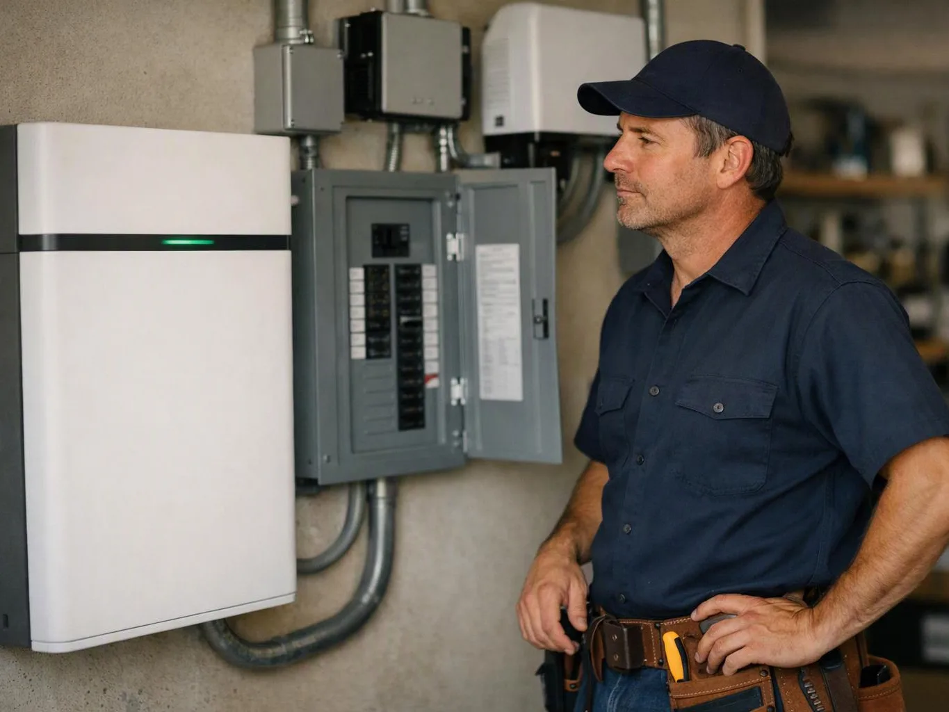 A technician in a navy uniform inspects an open electrical panel beside a wall-mounted white device