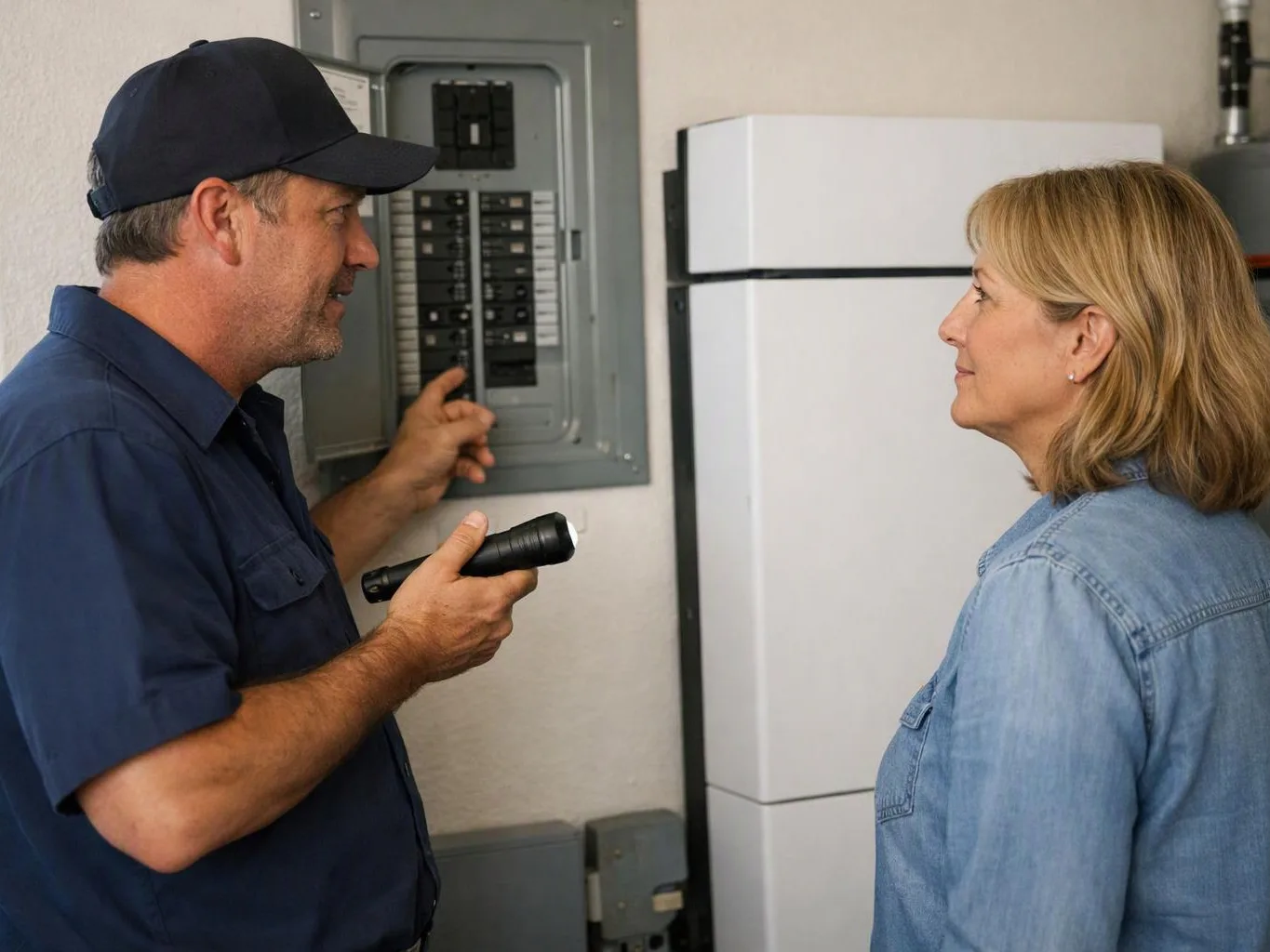 A technician points at an open electrical panel while talking with a woman beside a white refrigerator