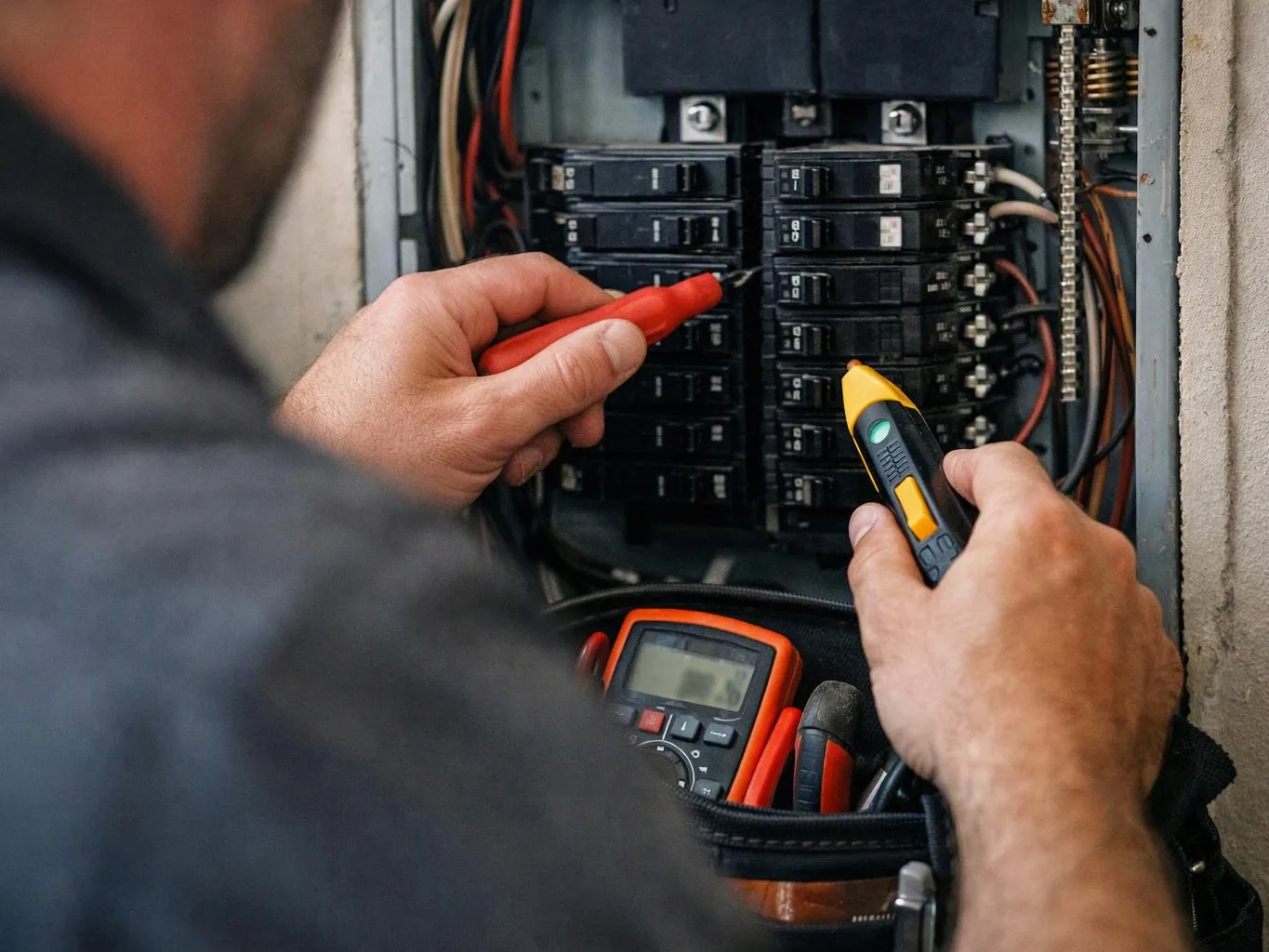 A technician tests breakers inside an open electrical panel with handheld meters and probes