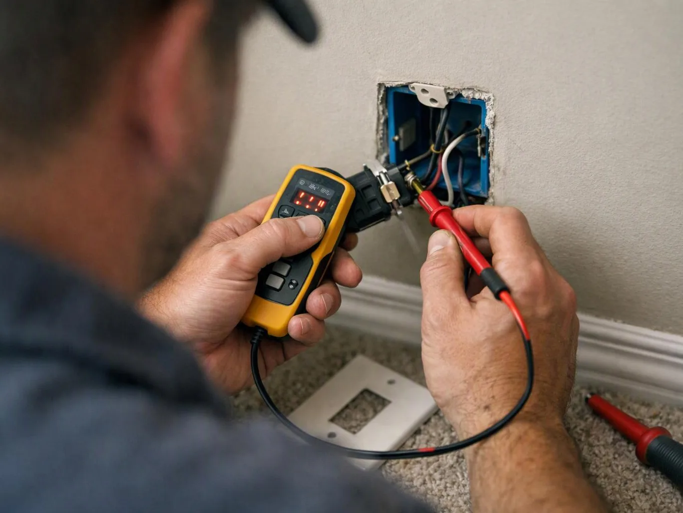 A technician tests exposed wall wiring with a digital meter beside a floor outlet opening