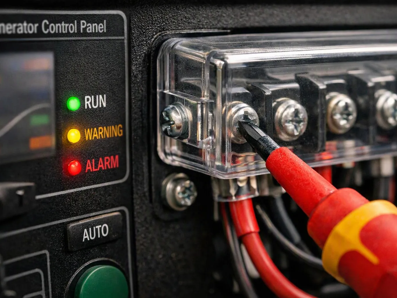 A test probe touches a screw terminal on a generator control panel with lit RUN, WARNING, and ALARM indicators