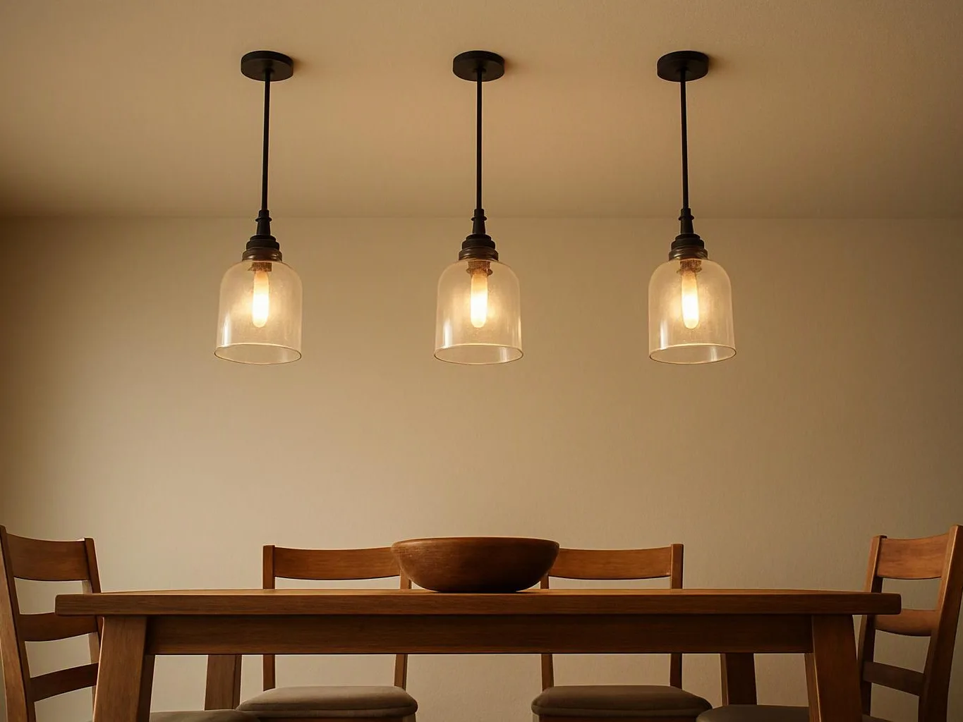 Three lit pendant lights hang above a wooden dining table with chairs and a bowl against a plain wall