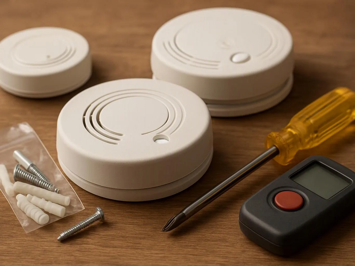 Three white smoke detectors lie on a wooden table beside screws, wall plugs, a screwdriver, and a remote control