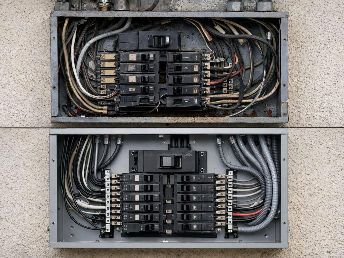 Two electrical breaker panels are mounted on a wall
