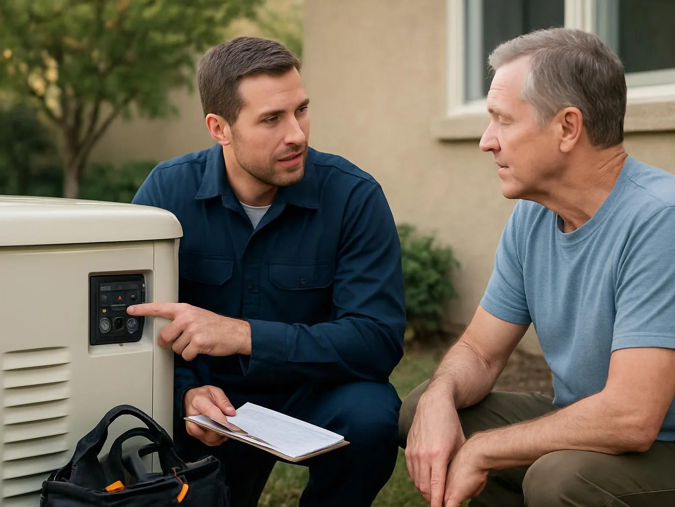 Two men crouch beside a beige outdoor unit, one points at its control panel while holding a clipboard