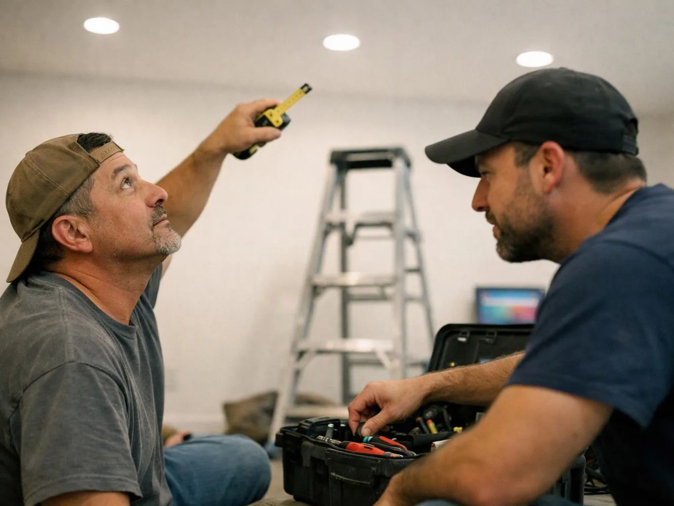 Two men inspect a room, one points a tape measure upward while the other sorts tools beside an open case
