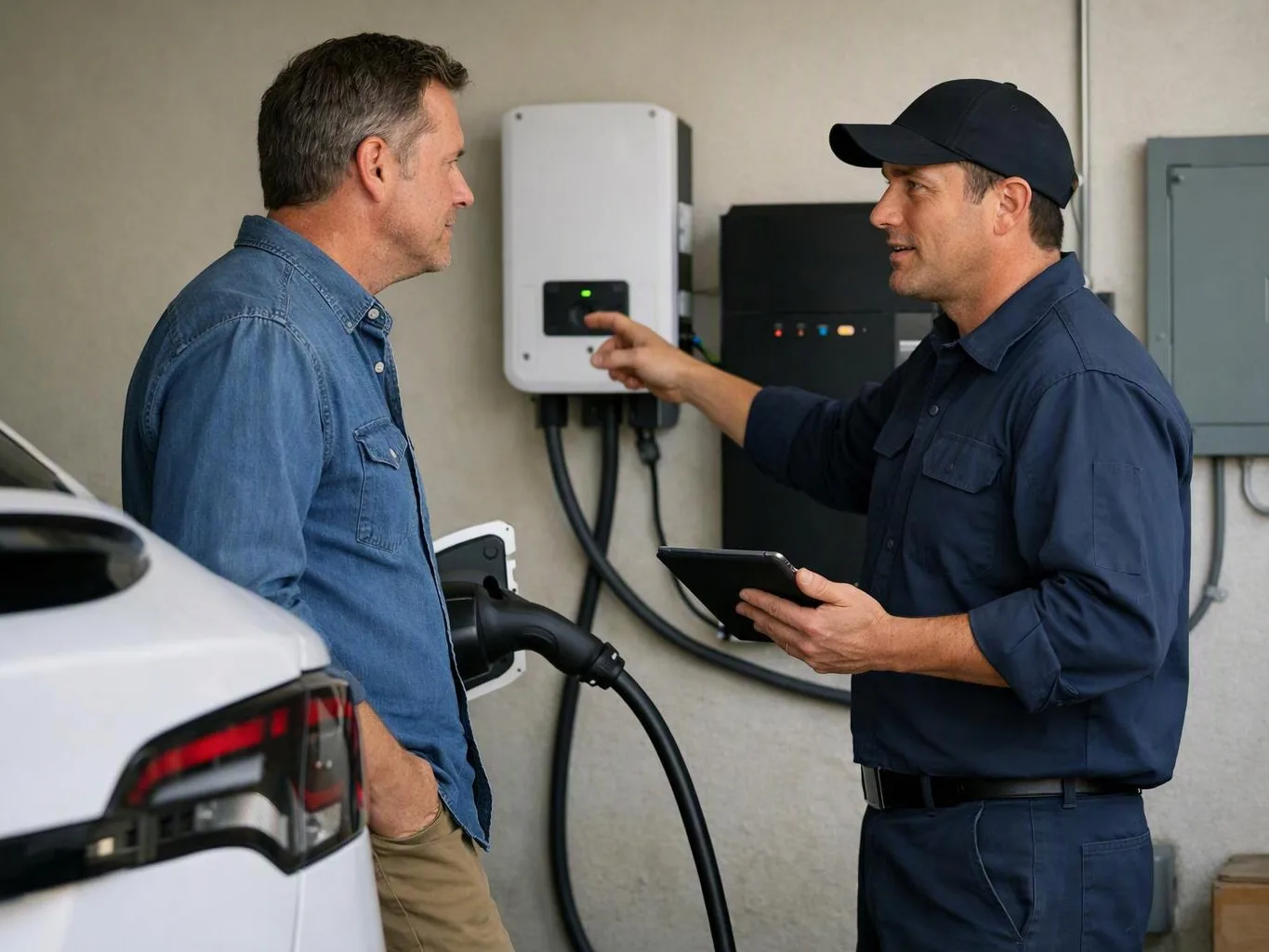 Two men stand beside a plugged-in electric car, one pointing at a wall charger while holding a tablet