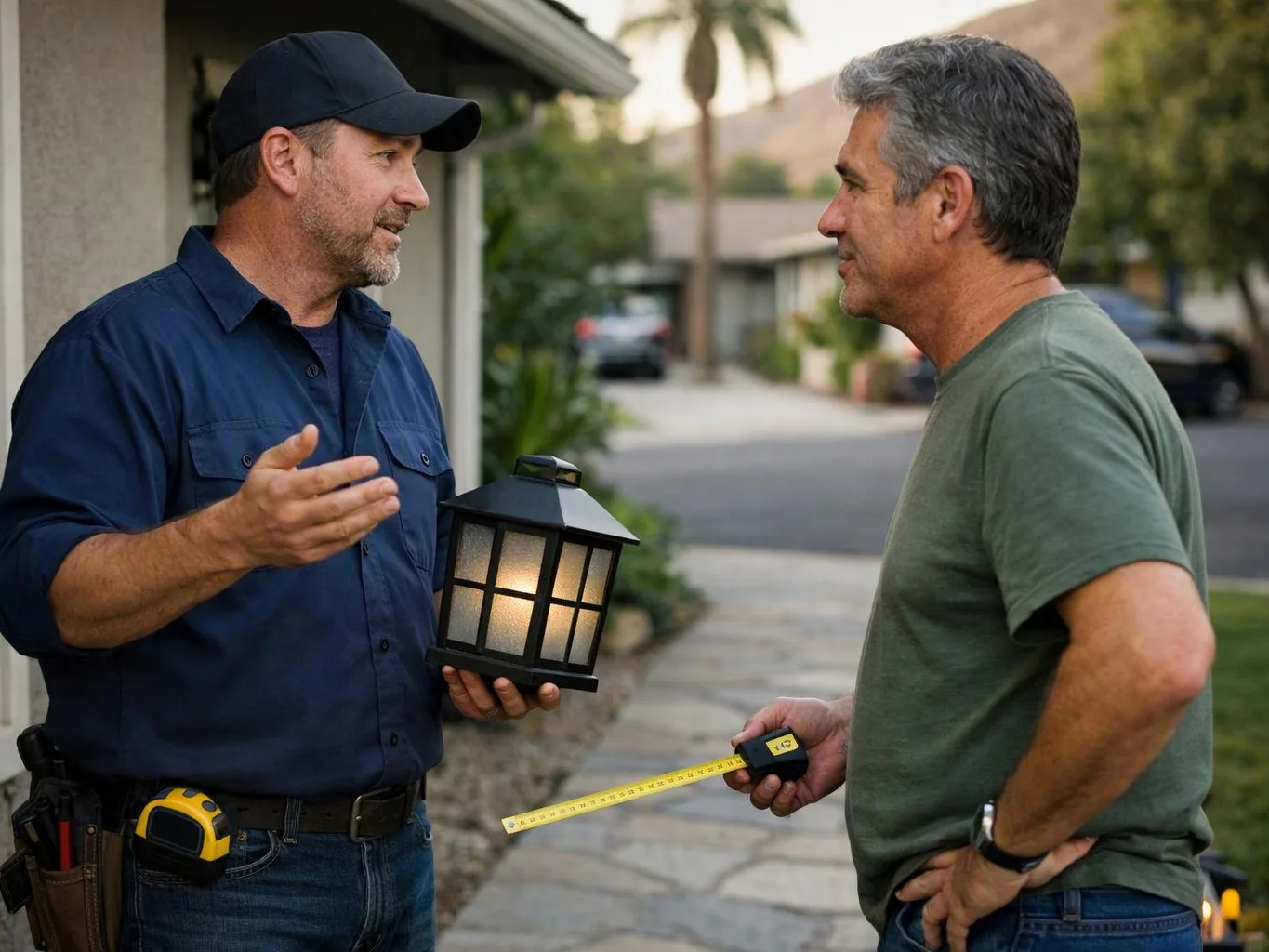 Two men stand outside a house, talking while one holds a lantern and the other a tape measure