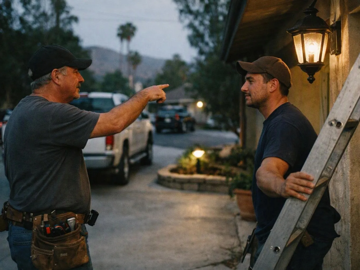 Two men talk beside a house at dusk, one points while the other holds a ladder under a lit wall lantern
