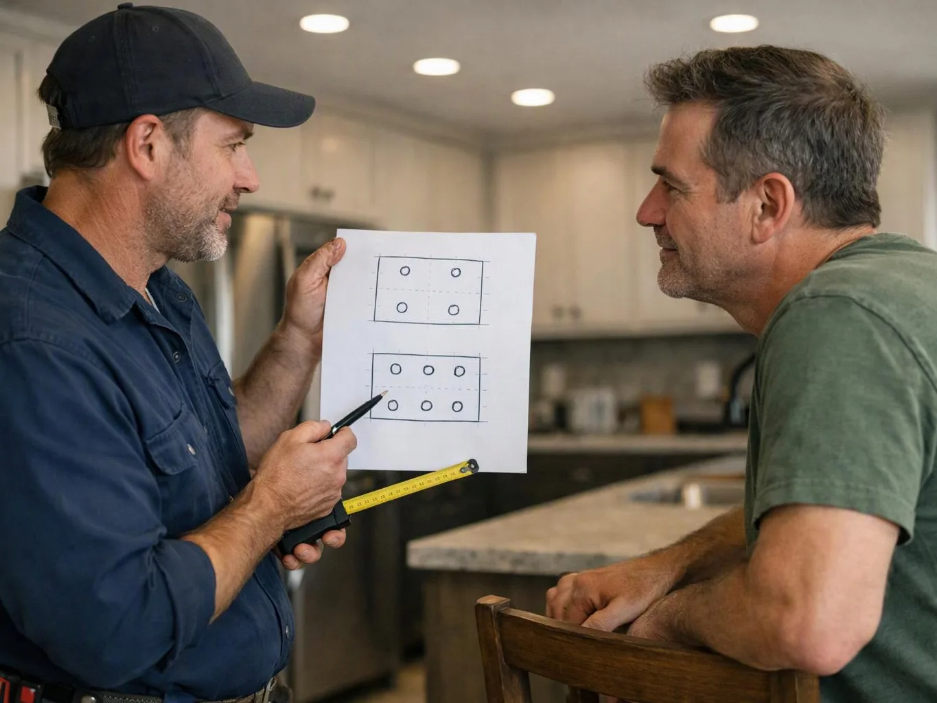 Two men talk in a kitchen while one points at a paper layout and holds a tape measure