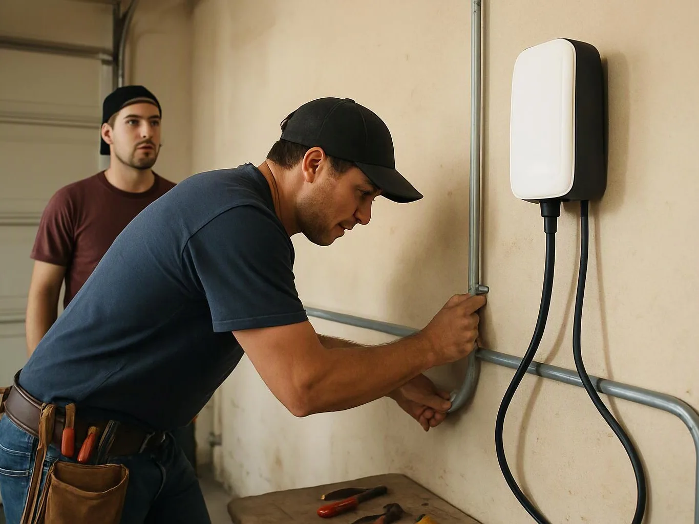 Two men work in a garage, one bending to fasten metal conduit beside a wall-mounted box with cables