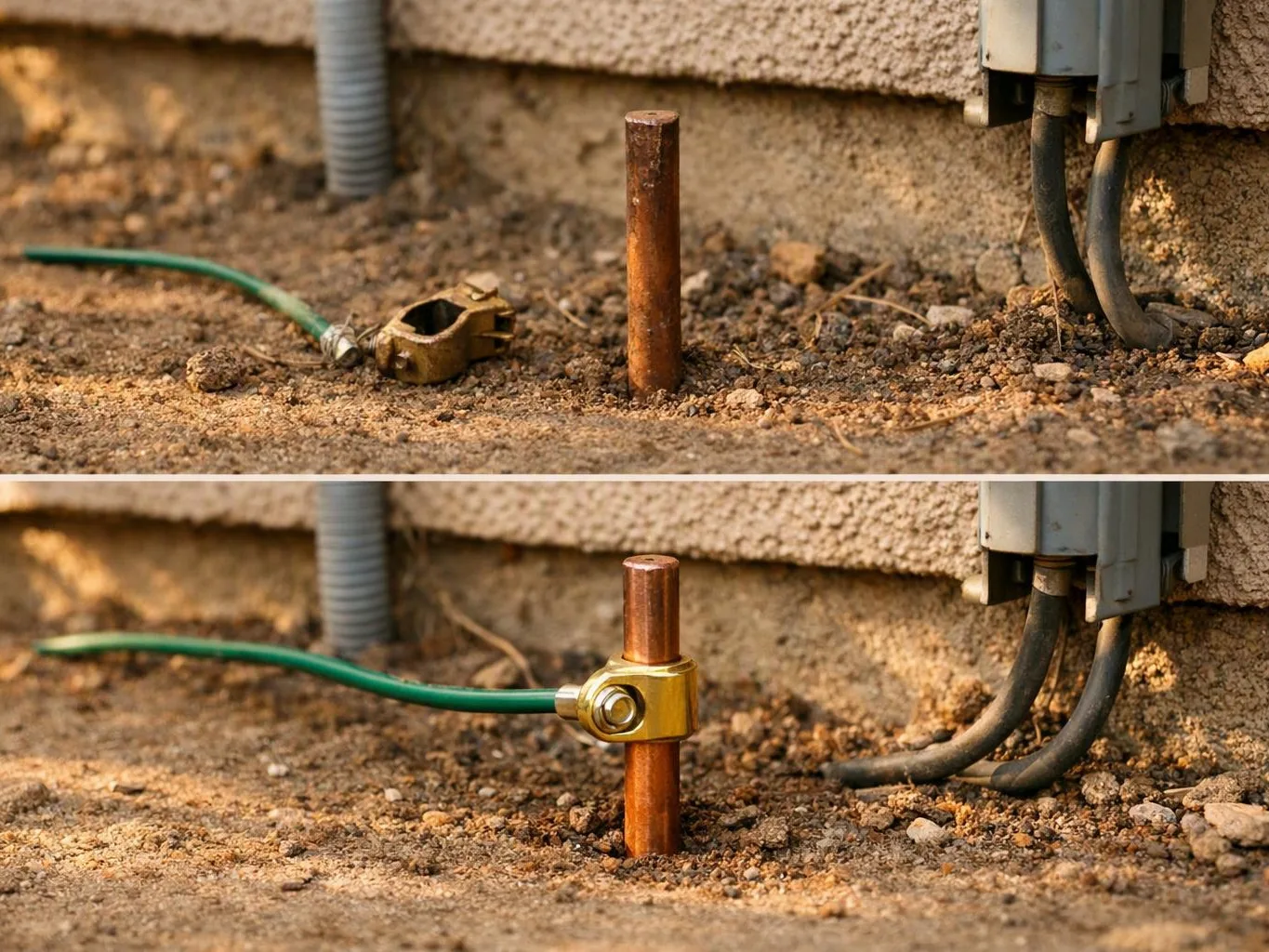 Two-panel image shows a grounding clamp attached to a copper rod beside a wall and electrical cables