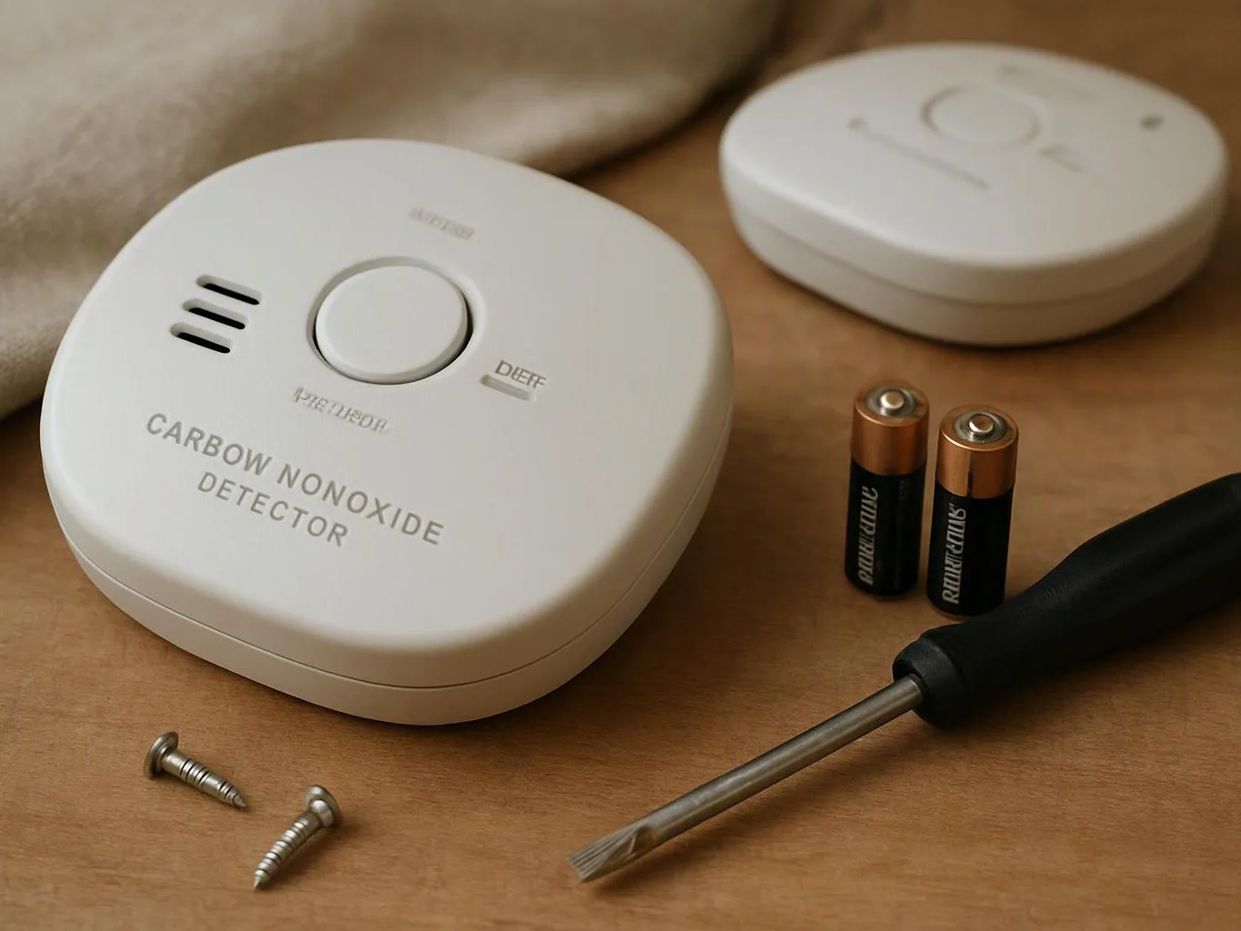 Two white carbon monoxide detectors rest on a tabletop with batteries, screws, and a screwdriver nearby