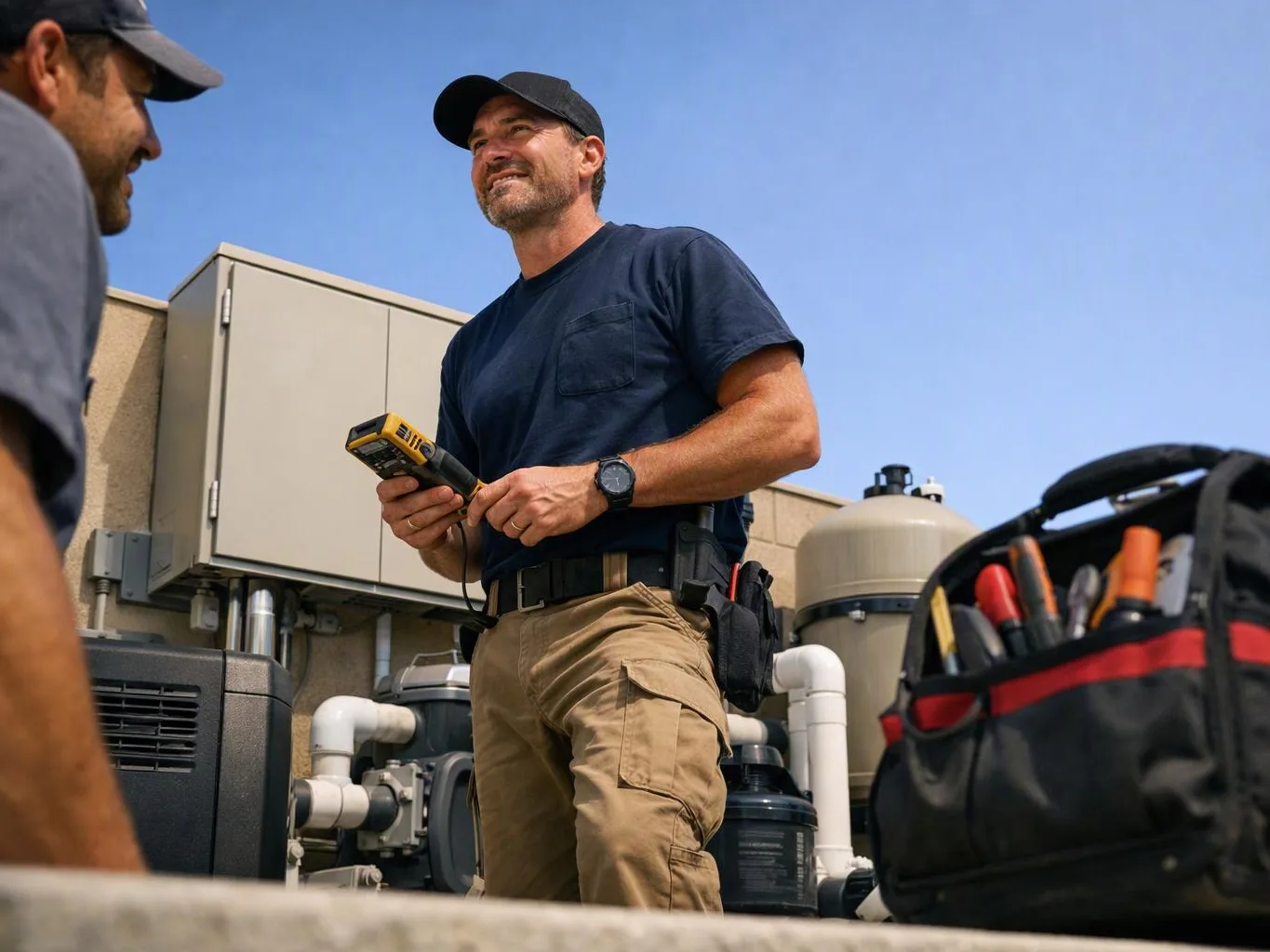 Two workers stand by rooftop equipment, one holding a handheld device near pipes, tanks, and a tool bag under clear sky
