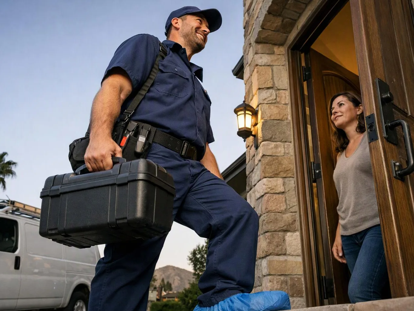 A uniformed delivery worker carries a black case toward a woman standing in an open doorway by a stone house