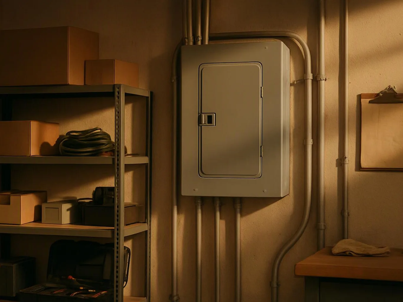 A utility room wall holds an electrical panel, metal conduit, and shelves with boxes and coiled cable