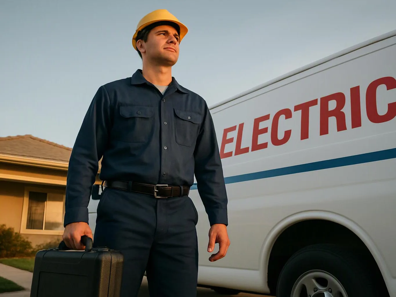 A utility worker in a hard hat stands beside a white service van, holding a black case in a driveway