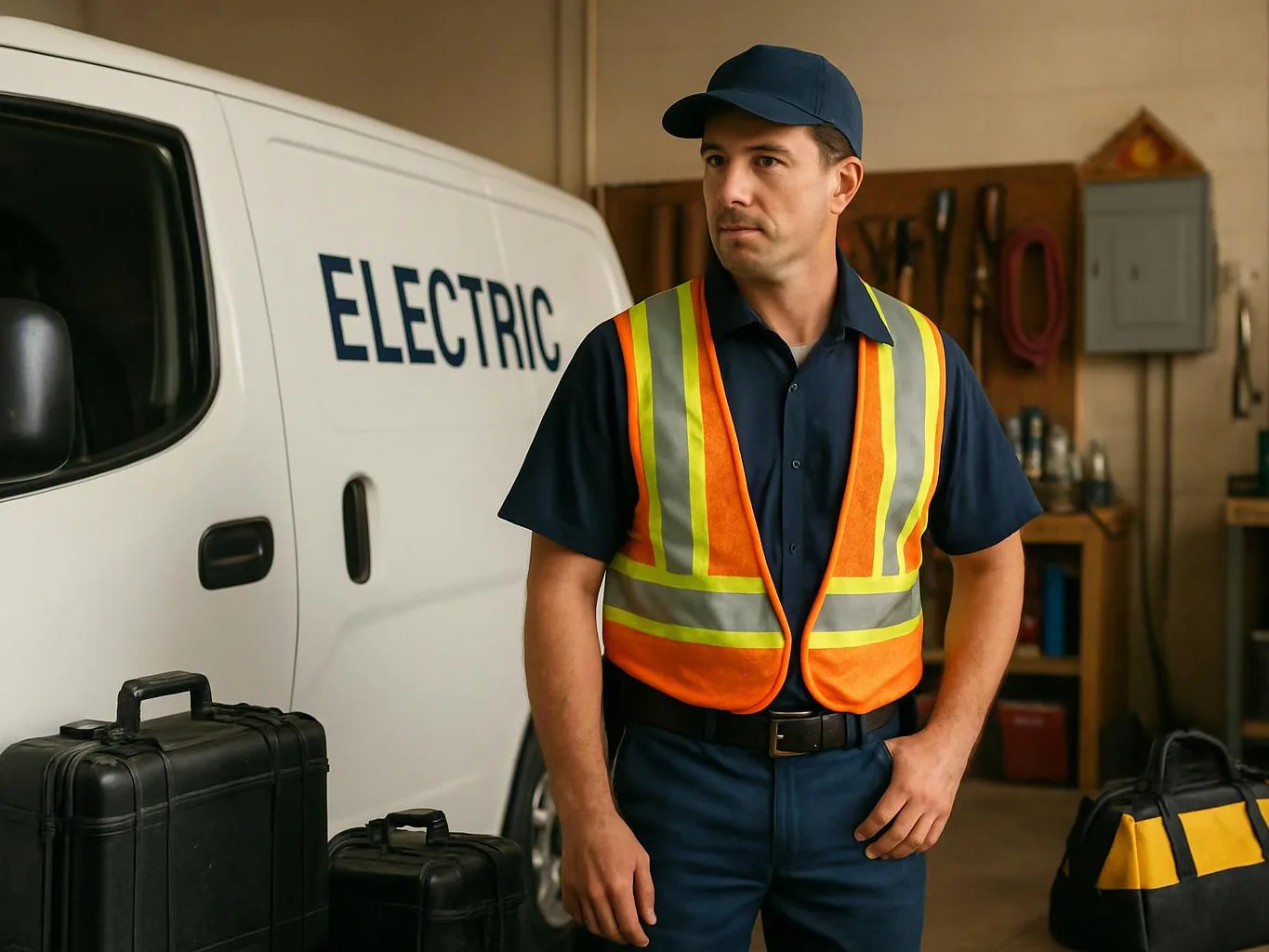 A utility worker in a safety vest stands beside a white service van inside a workshop
