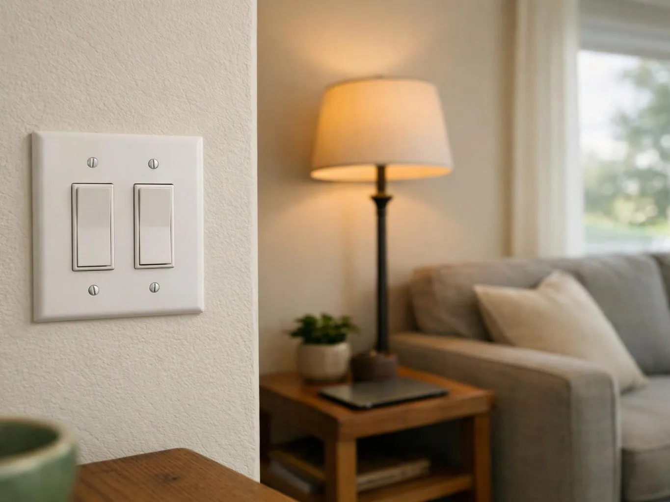 A wall light switch sits in the foreground, with a lit floor lamp, sofa, and side table in a living room background