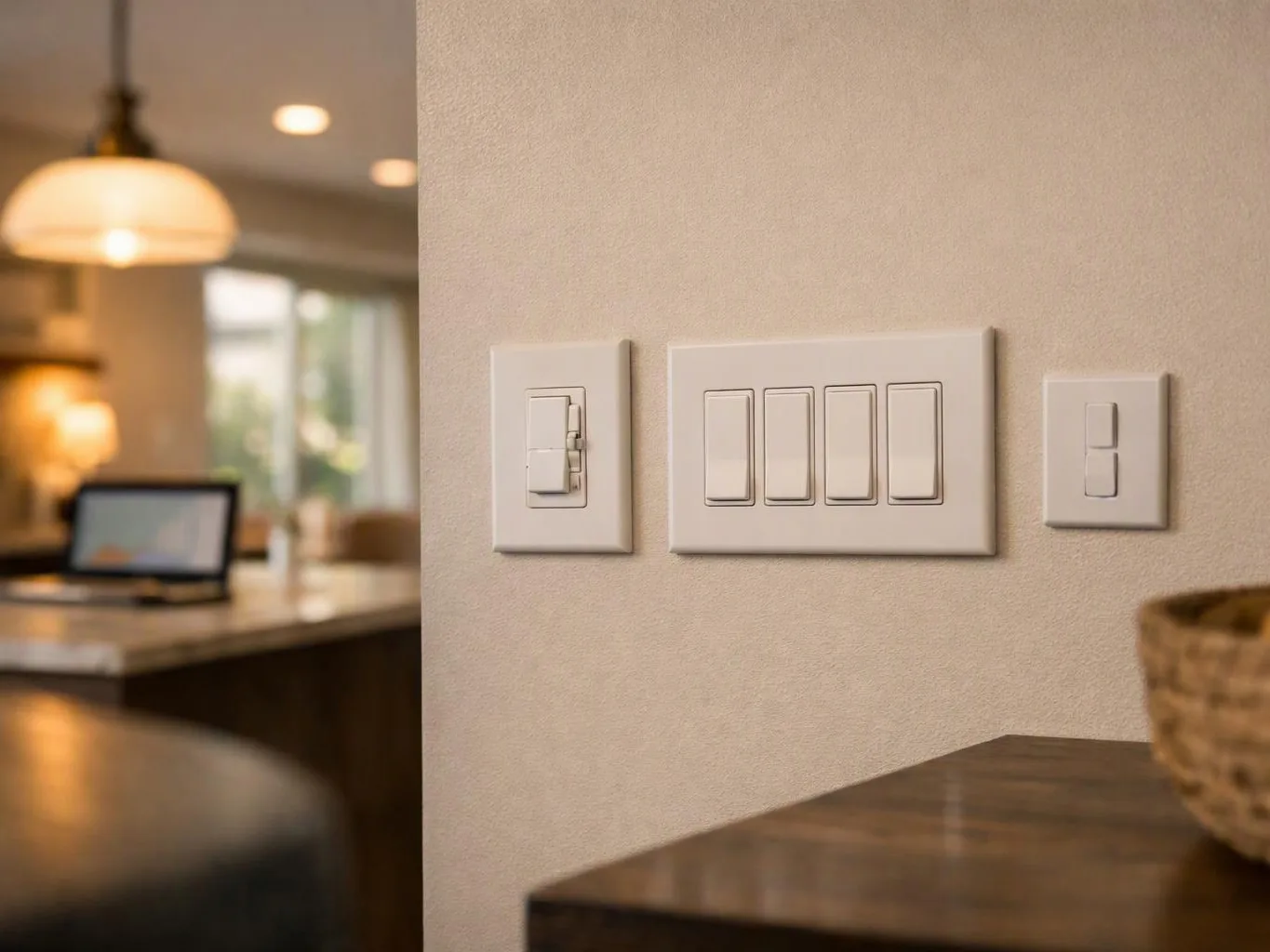 A wall with three white light switch plates sits beside a blurred, warmly lit kitchen or dining area