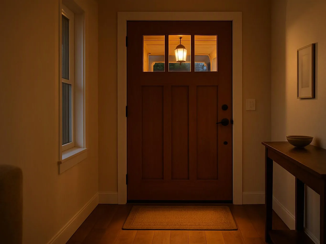 A warmly lit entryway shows a wooden front door, side window, hanging lantern, rug, and small table with a bowl