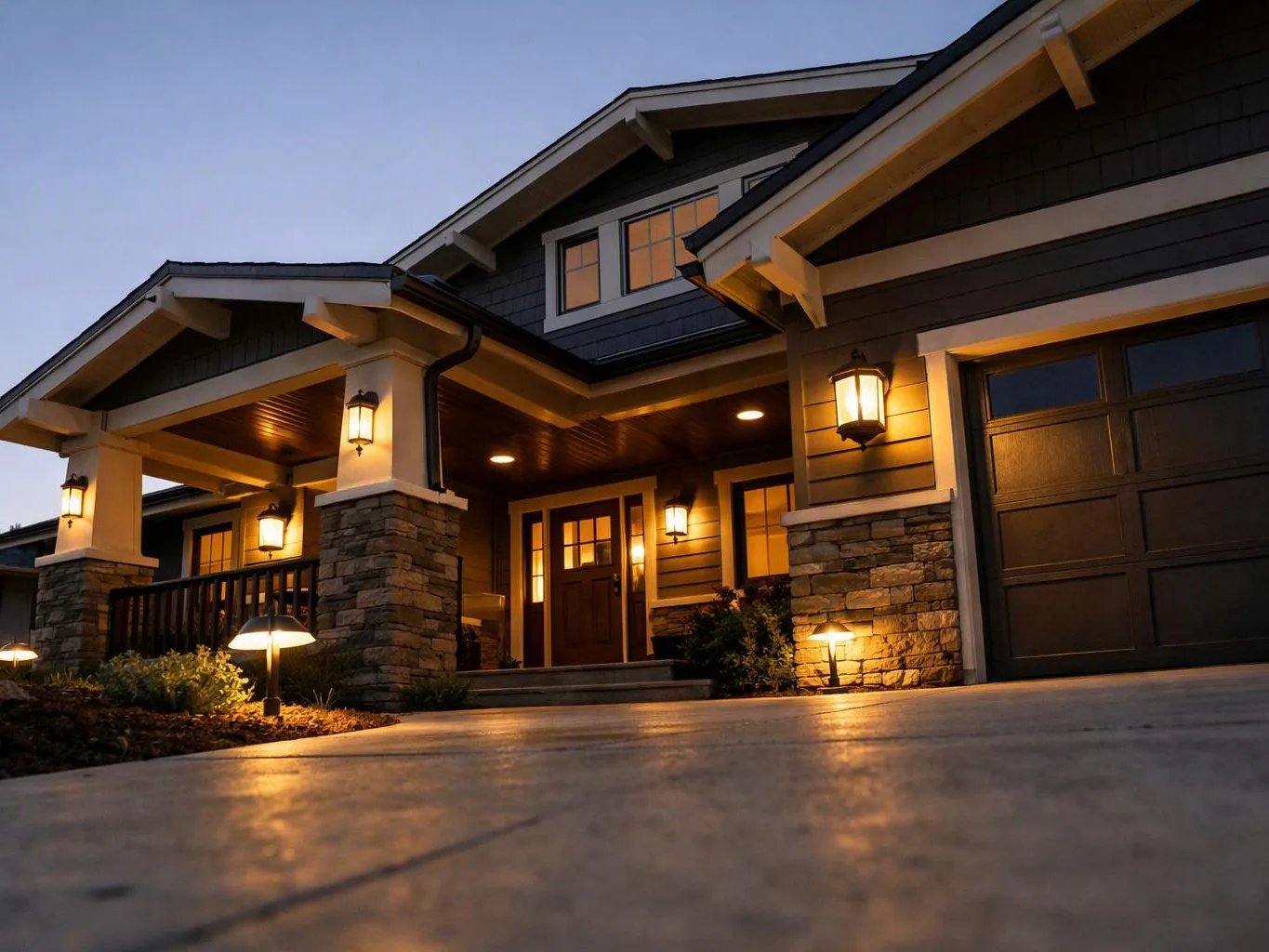 A warmly lit house exterior at dusk shows a front porch, stone columns, and a closed garage door