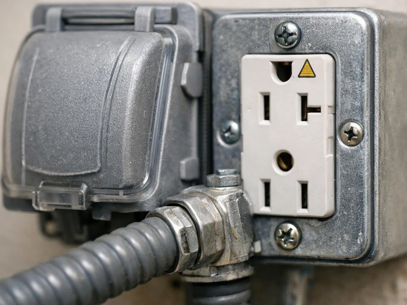 A weatherproof electrical outlet sits in a metal box beside a covered socket and flexible conduit
