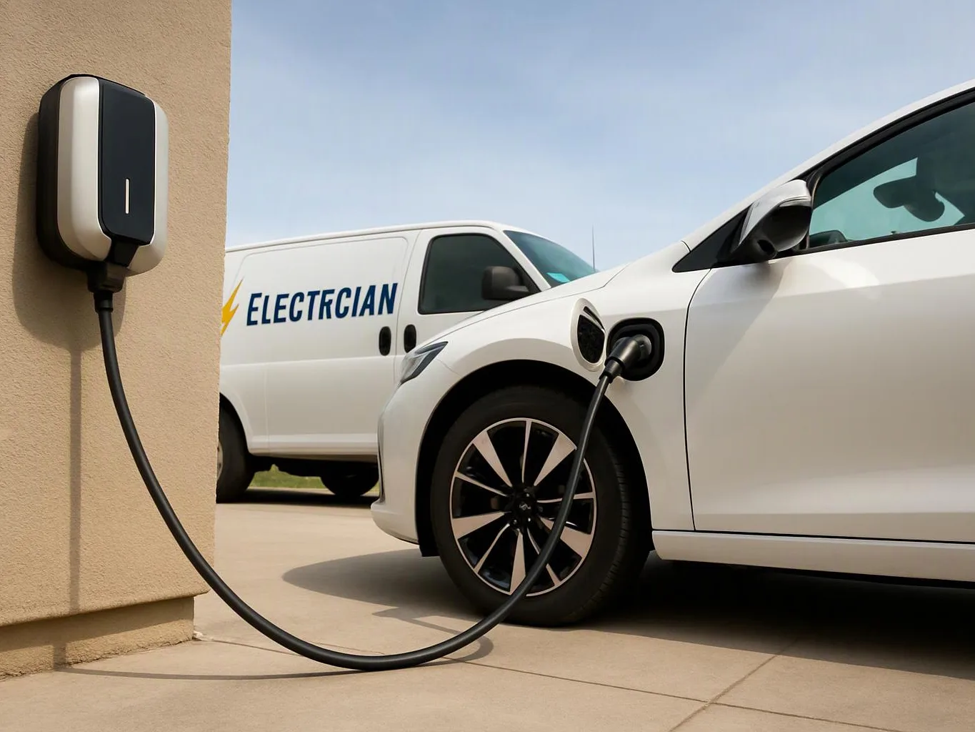 A white electric car charges beside a wall-mounted charger, with a white van parked behind it