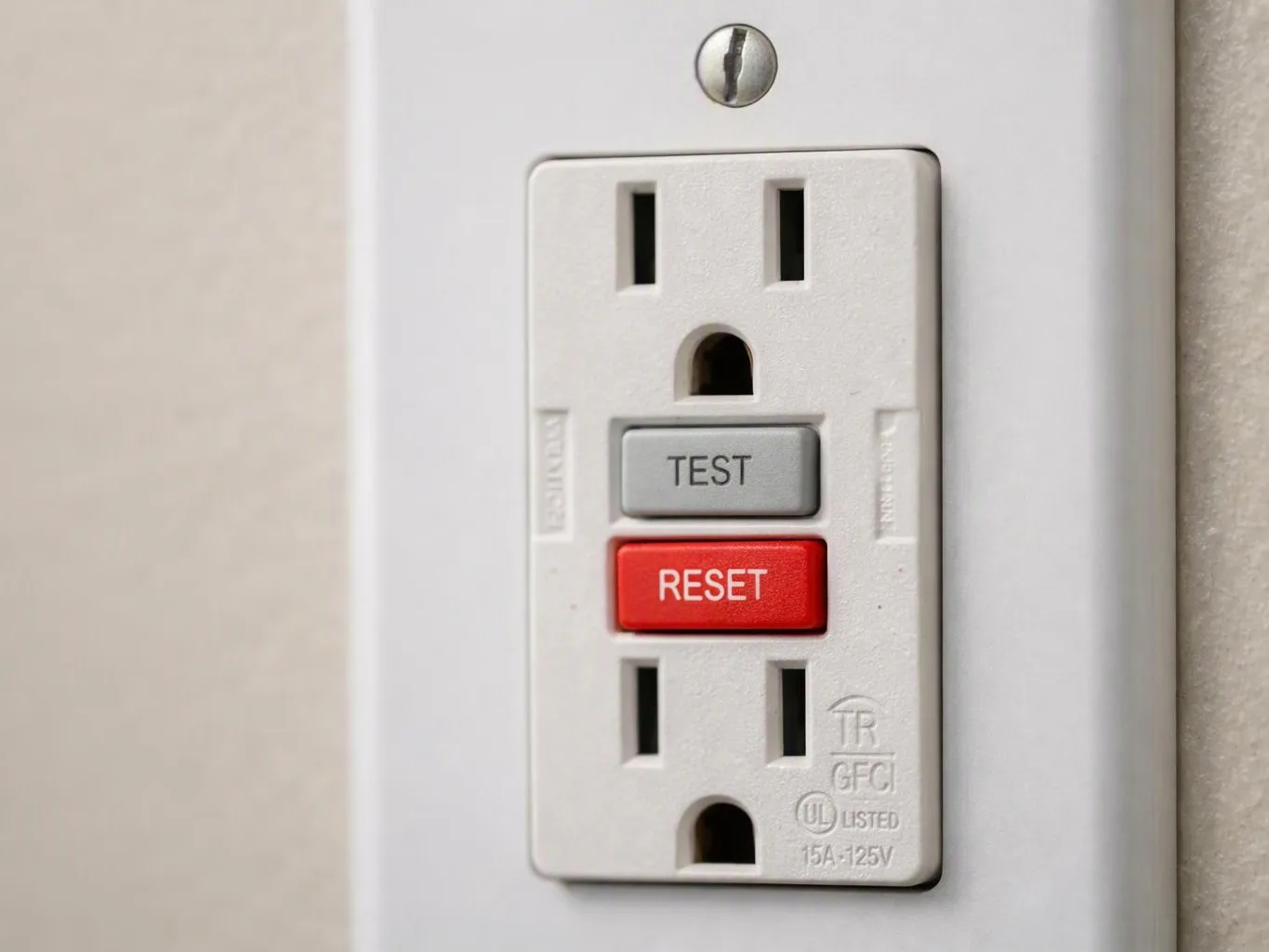 A white GFCI wall outlet with gray TEST and red RESET buttons sits on a light wall