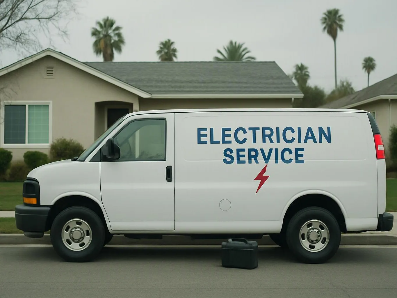 A white service van with “ELECTRICIAN SERVICE” parked on a suburban street beside a house