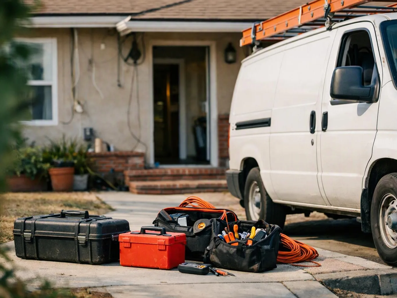 A white utility van is parked by a house, with tool boxes, cables, and tool bags on the driveway
