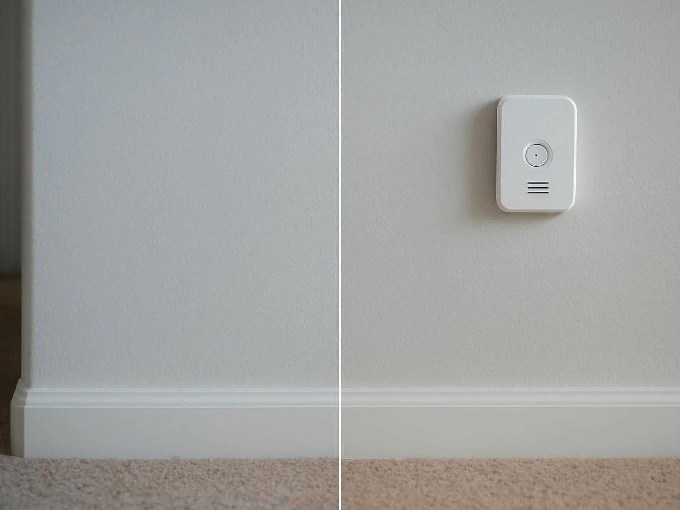 A white wall holds a small alarm sensor above beige carpet and baseboard molding