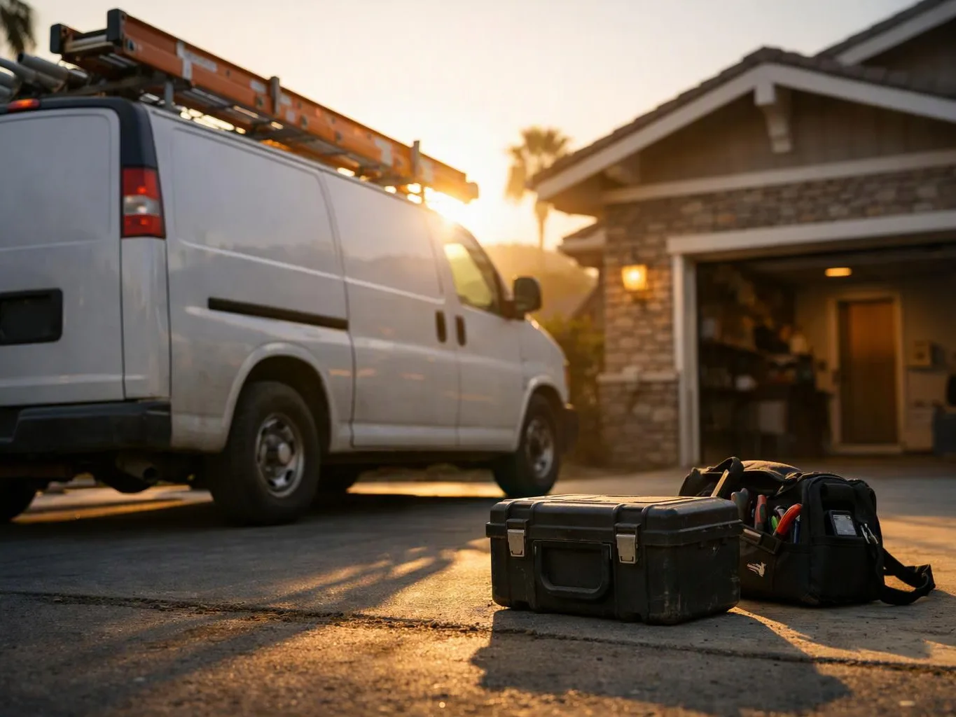 A white work van with a roof ladder sits by a garage, with tool bags on the driveway in warm sunlight