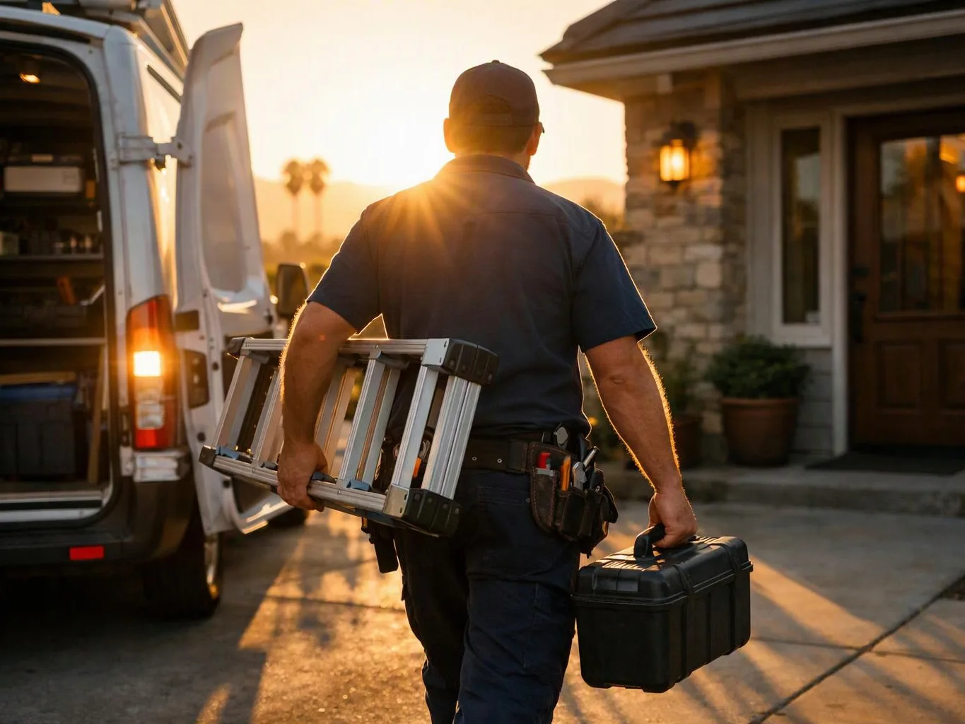 A worker carries a ladder and toolbox toward a house beside an open van at sunset