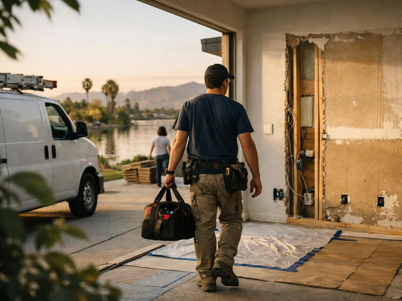 A worker carries a tool bag into a partly stripped room beside a lakeside driveway at sunset