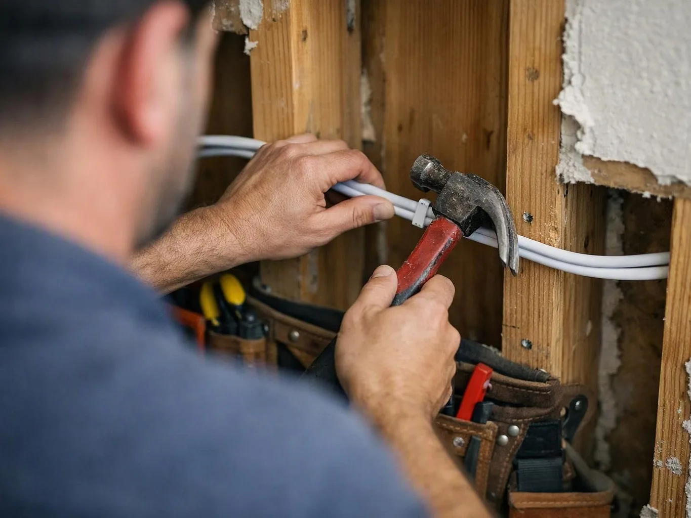 A worker hammers a white cable inside an exposed wall frame with tools at his waist