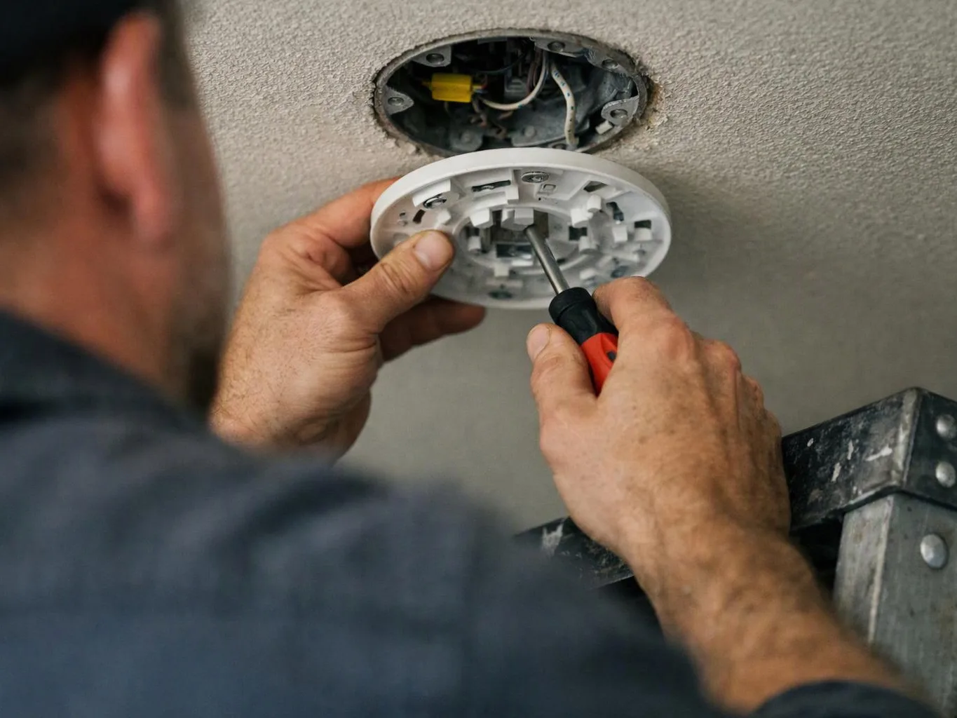A worker installs a round white ceiling device, using a screwdriver under an open electrical box
