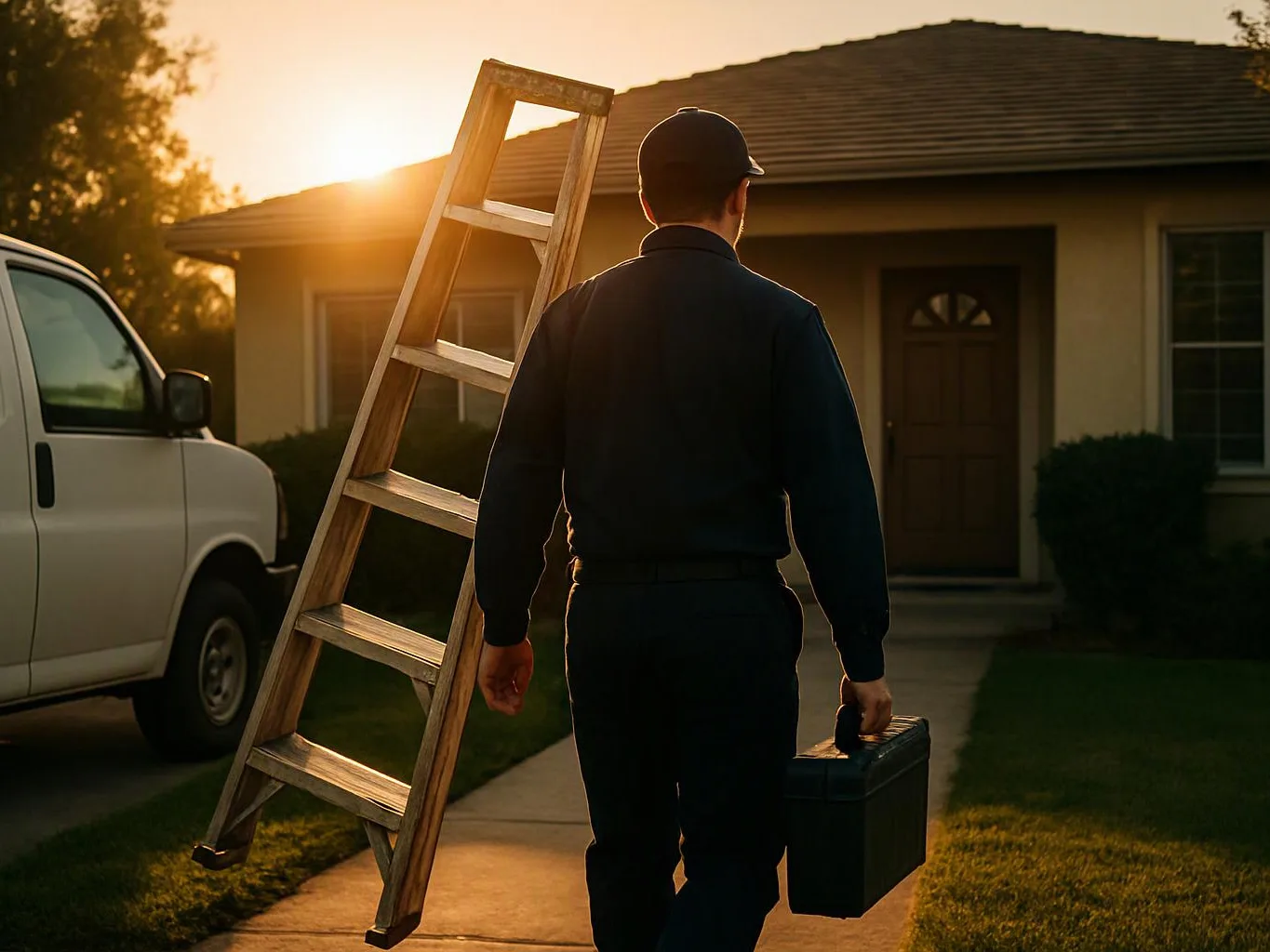 A worker walks toward a house at sunset, carrying a ladder over one shoulder and a toolbox in the other hand