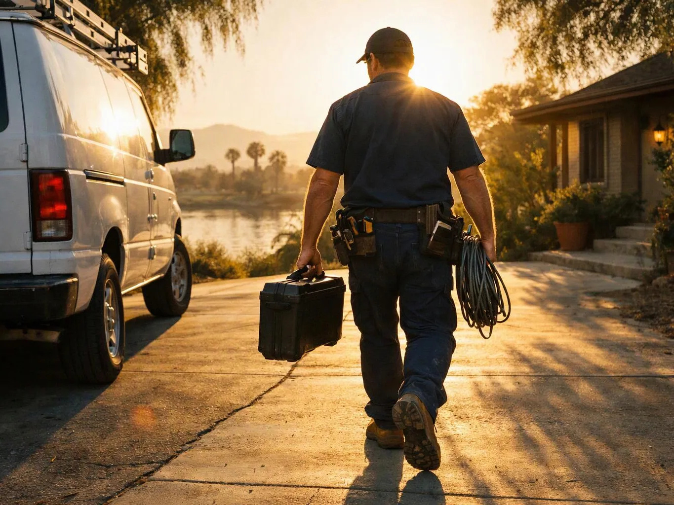 A worker walks up a sunlit driveway carrying a toolbox and coiled cable beside a white van and house