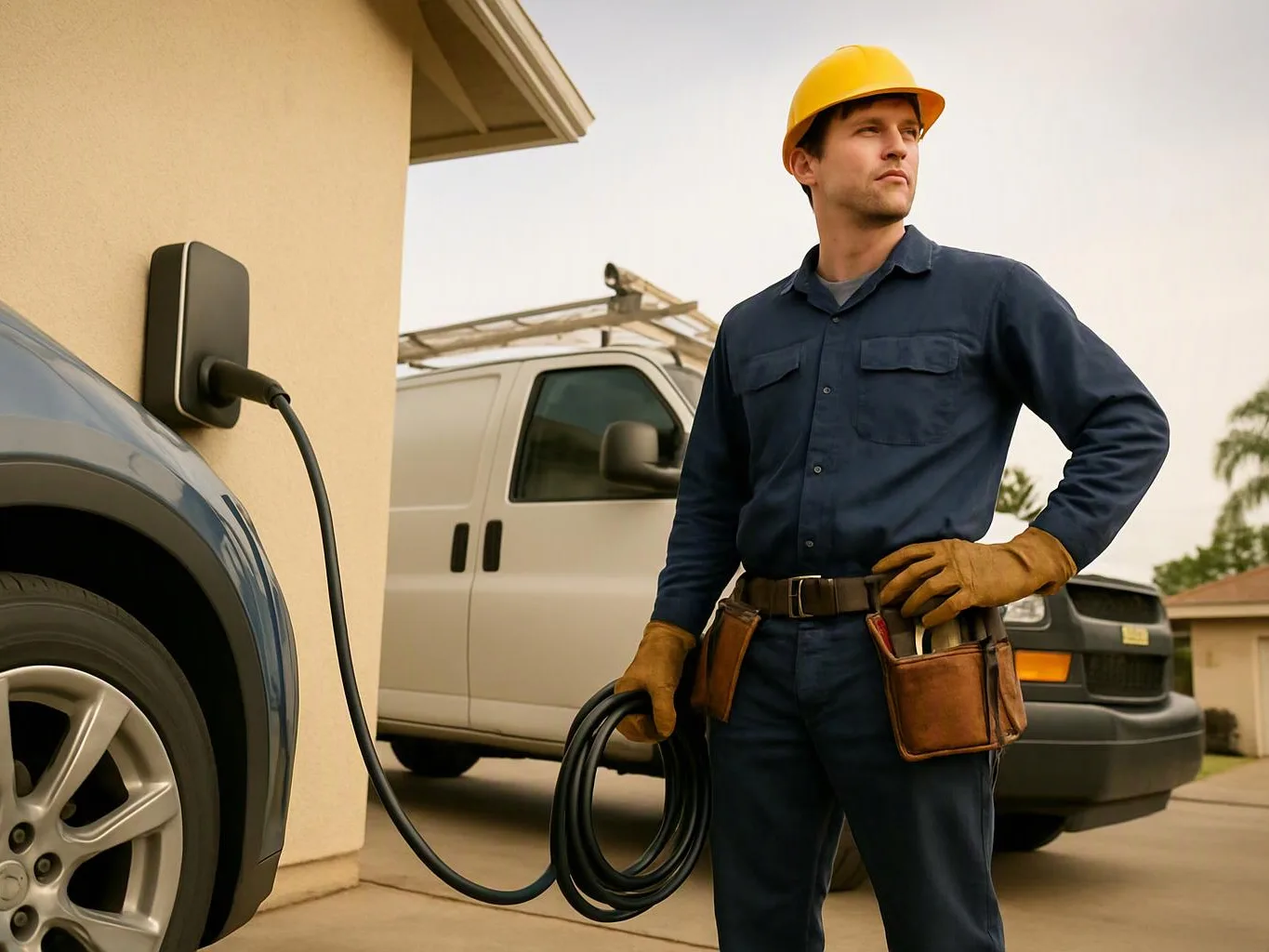A worker in a yellow hard hat holds a coiled charging cable beside a car plugged into a wall charger outside a house
